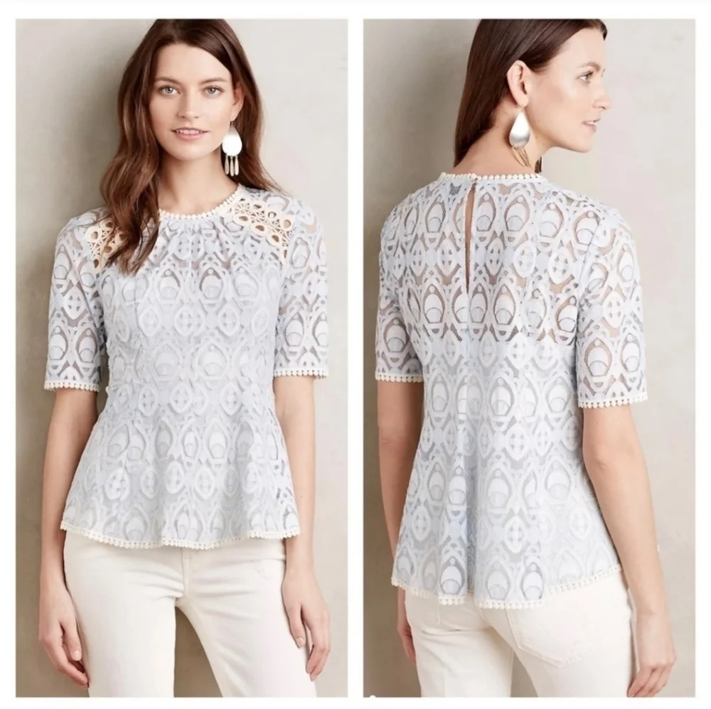 Anthropologie White Lace Short-Sleeve Peplum Blouse